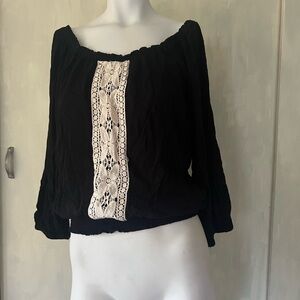Black Women's boho peasant blouse with lace trim accent